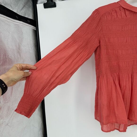Free People Gauze Cotton Blouse Size M Long Ballon Sleeve Coral Cottage Boho - Picture 7 of 8